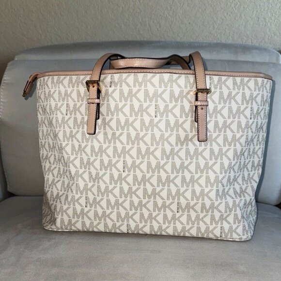 Michael Kors Cream Monogram Travel Tote Bag Purse - Picture 2 of 8